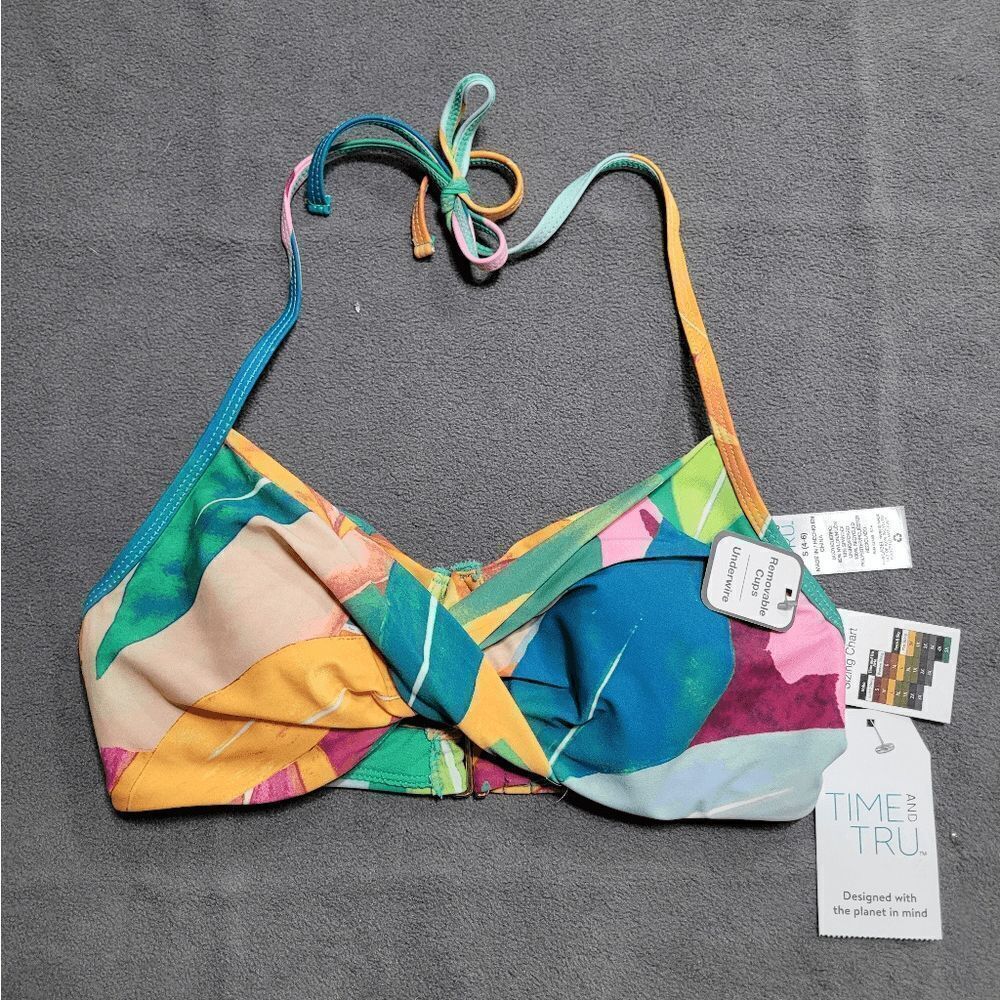 New TIME & TRU tropical Ruched Halter Swimsuit‎ underwire bikini Top small